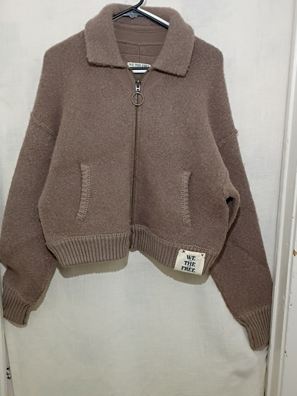 We The Free Taupe Zip-Up Fuzzy Knit Jacket